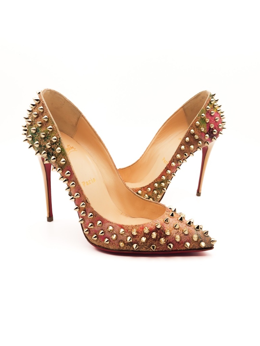 Christian Louboutin Pigalle Follies 100 Gold Spiked Pointed Pumps Heels EU 37